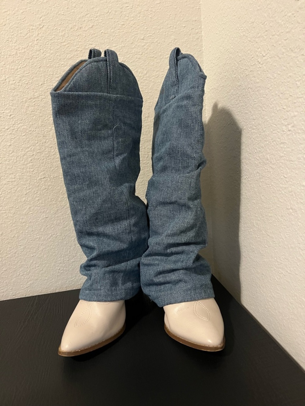 Denim Slouch Over-the-Knee Boots in Blue and Cream